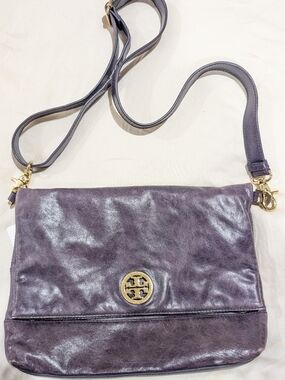 Tory Burch Dark Purple Leather Crossbody with Gold Logo